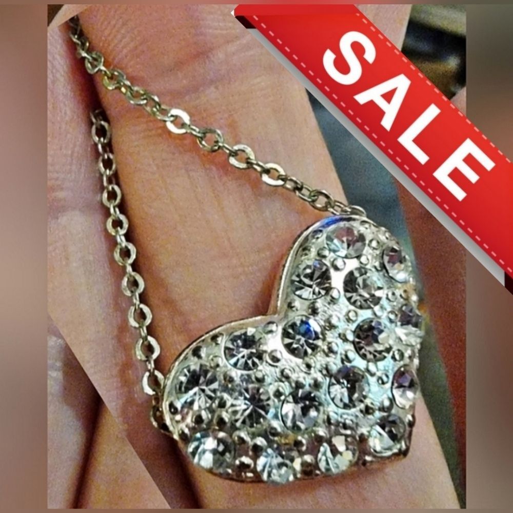 #Vintage Dainty Gold Tone Rhinestone Heart Slide Pendant (Chain Included)